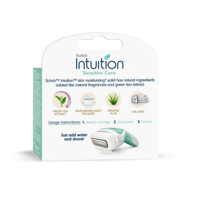 INTUITION Schick close-up of four blades and conditioning surround for smoother, gentler shave