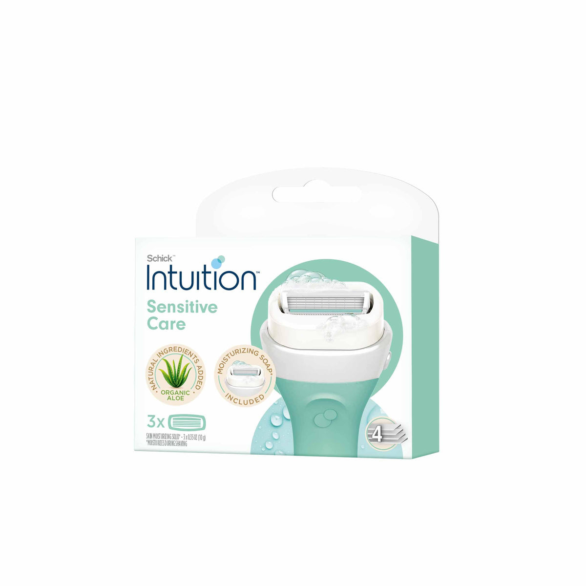 INTUITION Schick front packaging showing three sensitive care refill cartridges and recycling benefit