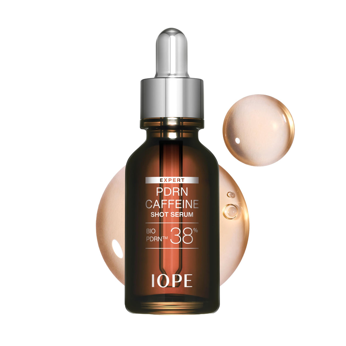 IOPE front packaging of Expert PDRN Caffeine Shot showing sleek bottle and cap benefits revitalized look