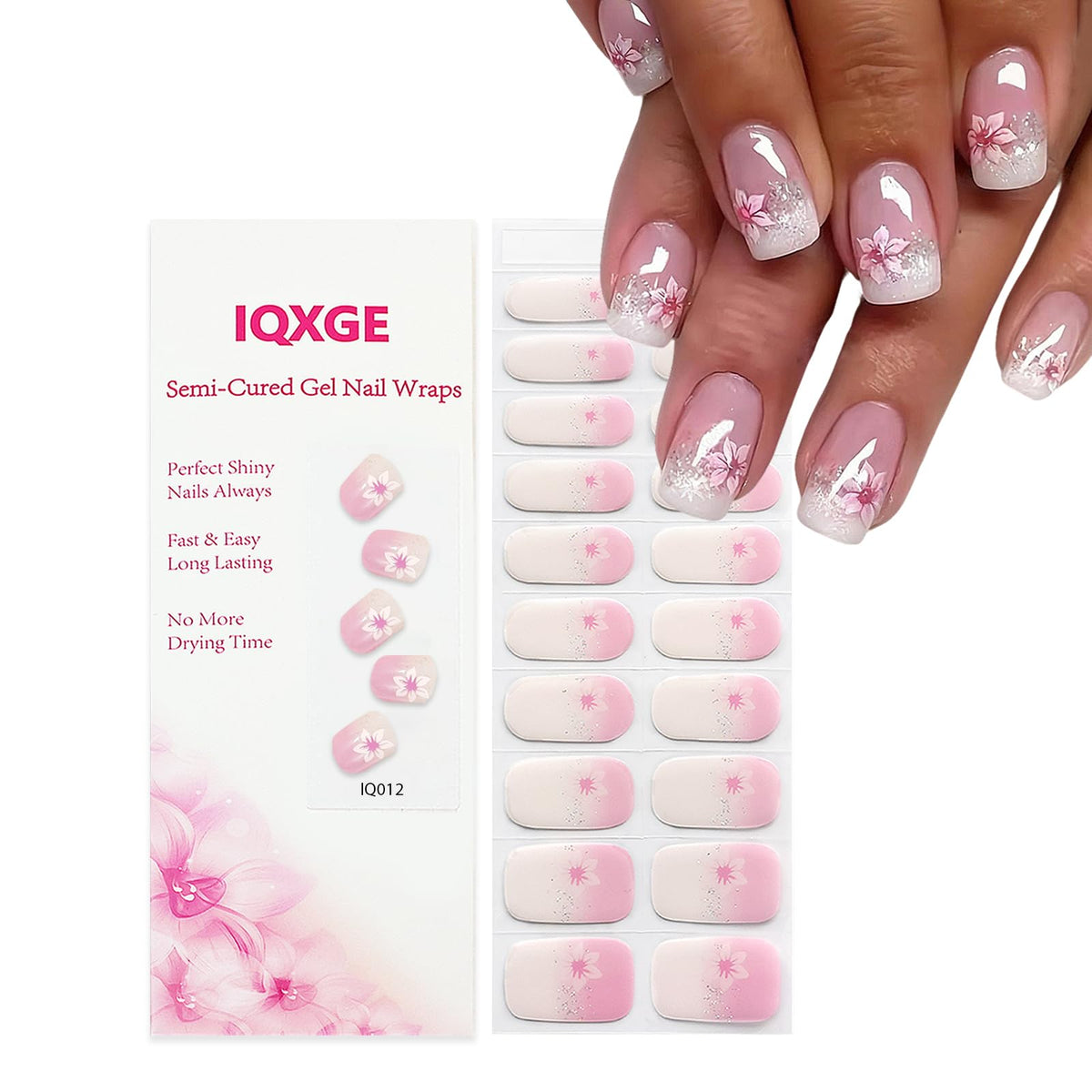 IQXGE front packaging showing pink ombré strips, fast salon finish