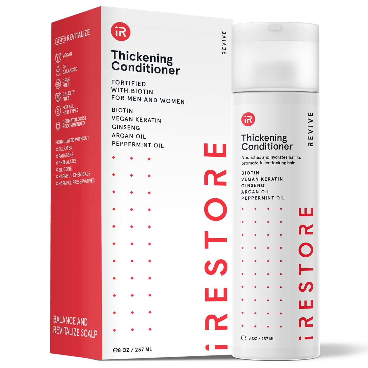 iRestore bottle front view showing product and volumizing benefit