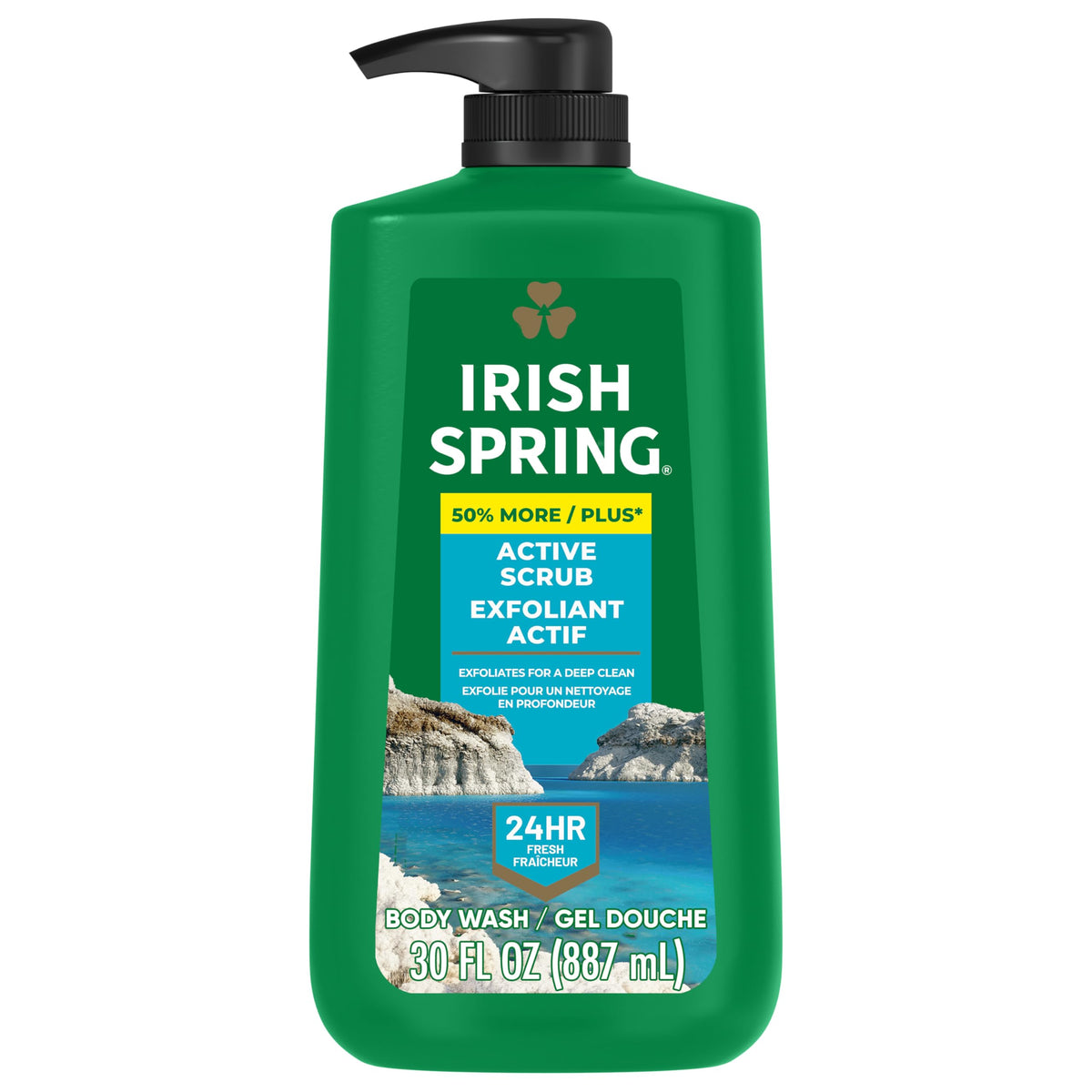 Irish Spring pump bottle front view showing large 30 fl oz size and cool fresh scent benefit