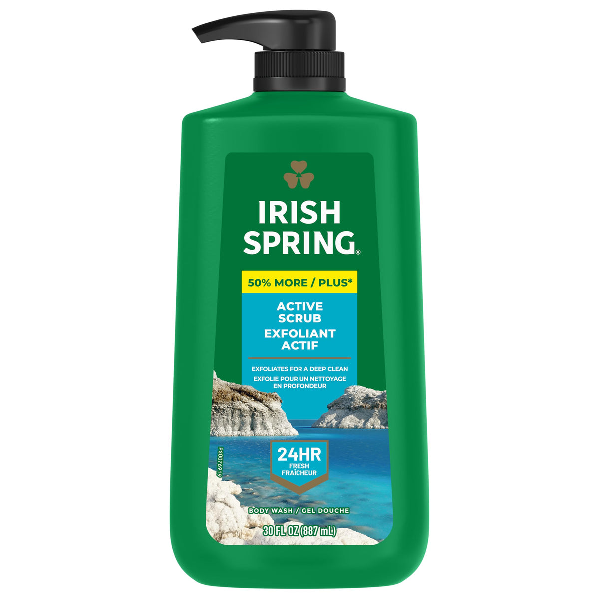 Irish Spring man using wash in shower demonstrating invigorating cleanse and fresh scent benefit