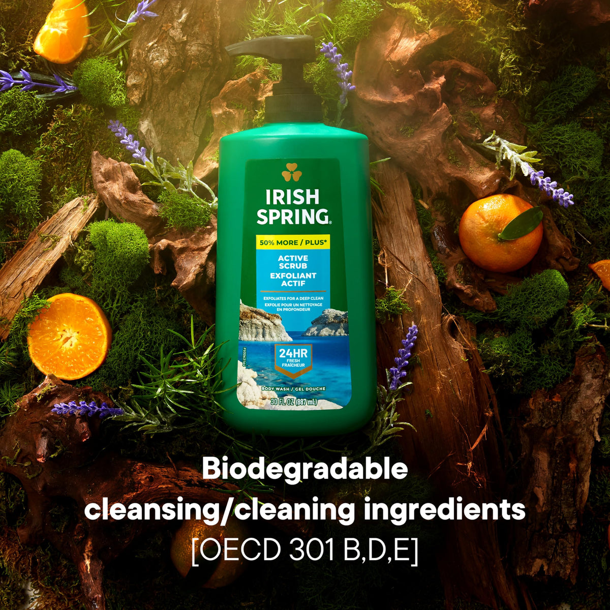 Irish Spring bottle beside common items showing 30 fl oz scale for value and fewer refills benefit