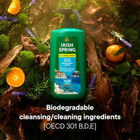Irish Spring bottle beside common items showing 30 fl oz scale for value and fewer refills benefit