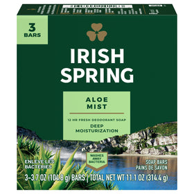 Irish Spring aloe front packaging showing three bars and fresh scent benefit