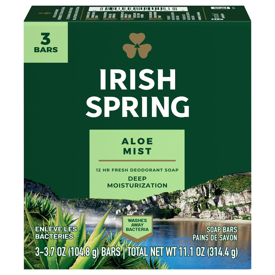 Irish Spring aloe front packaging showing three bars and fresh scent benefit