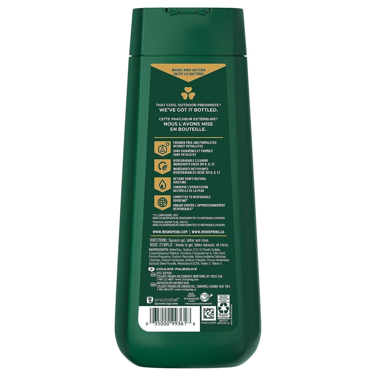 Irish Spring back label close-up highlighting ingredients and usage benefits