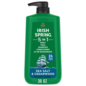 Irish Spring front bottle with sea salt cedarwood scent showcasing packaging and freshness