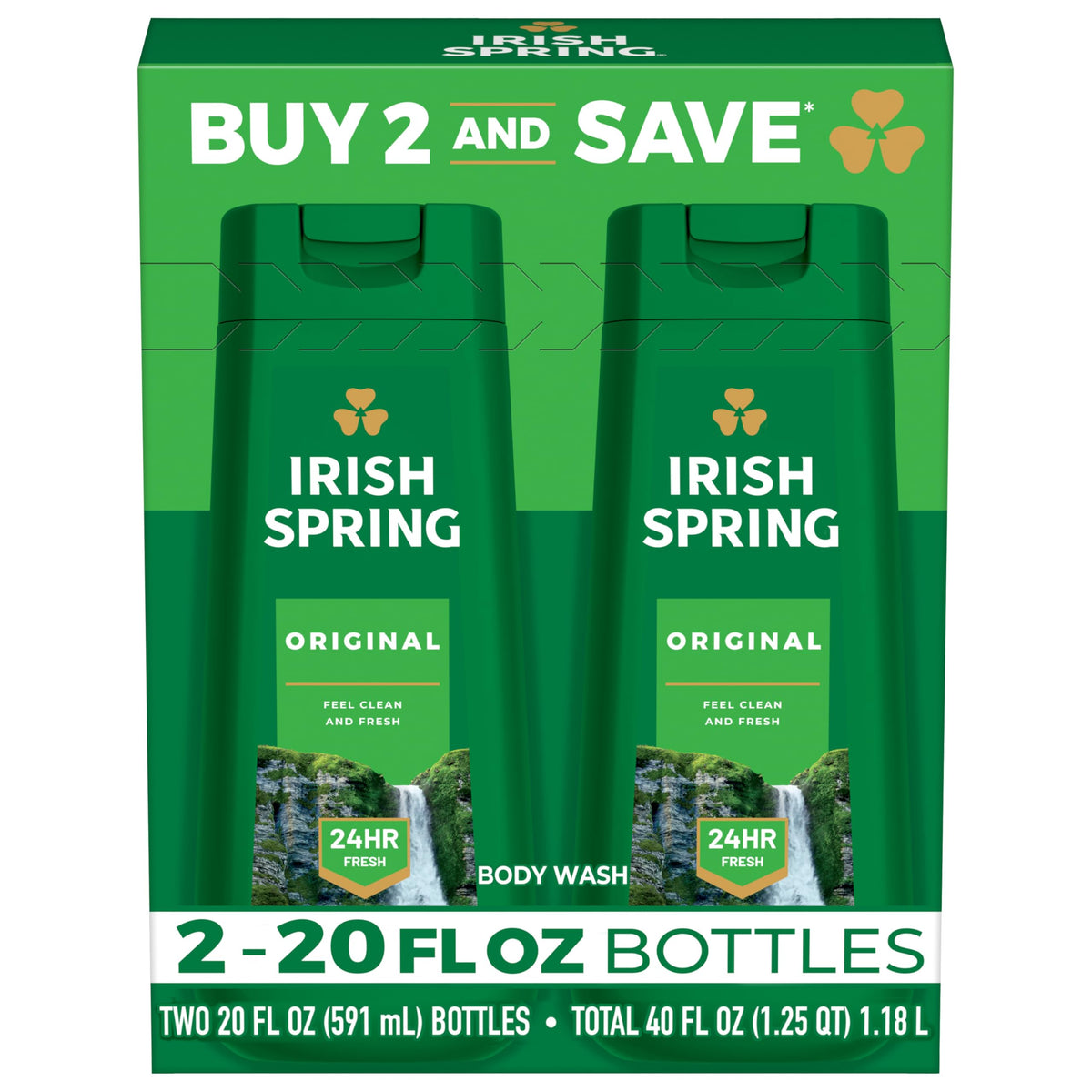 Irish Spring front packaging bottle showing two-pack and fresh scent benefits