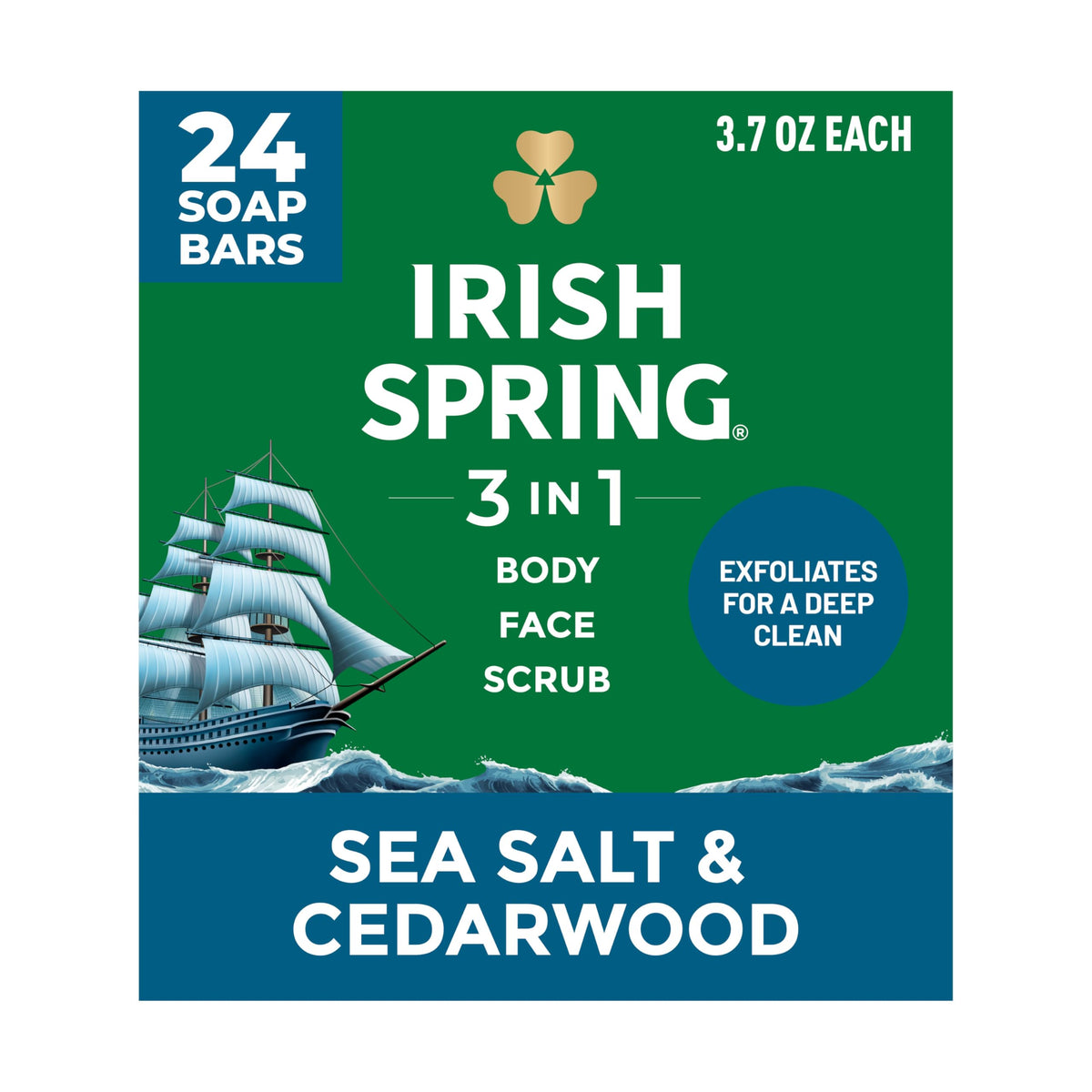 Irish Spring front packaging showing Sea Salt & Cedarwood scent and quantity benefit