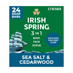Irish Spring front packaging showing Sea Salt & Cedarwood scent and quantity benefit