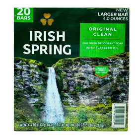 Irish Spring front packaging showing bulk 20-bar box and fresh scent benefit