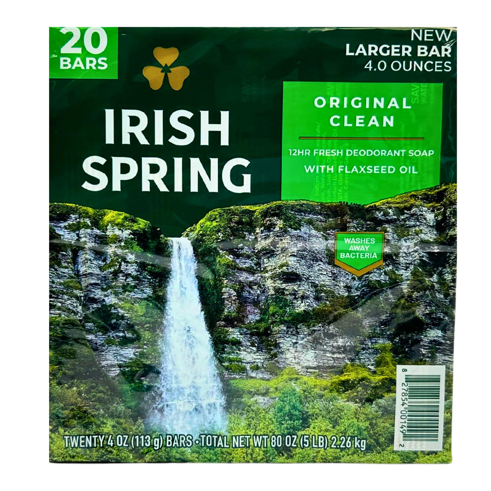 Irish Spring front packaging showing bulk 20-bar box and fresh scent benefit