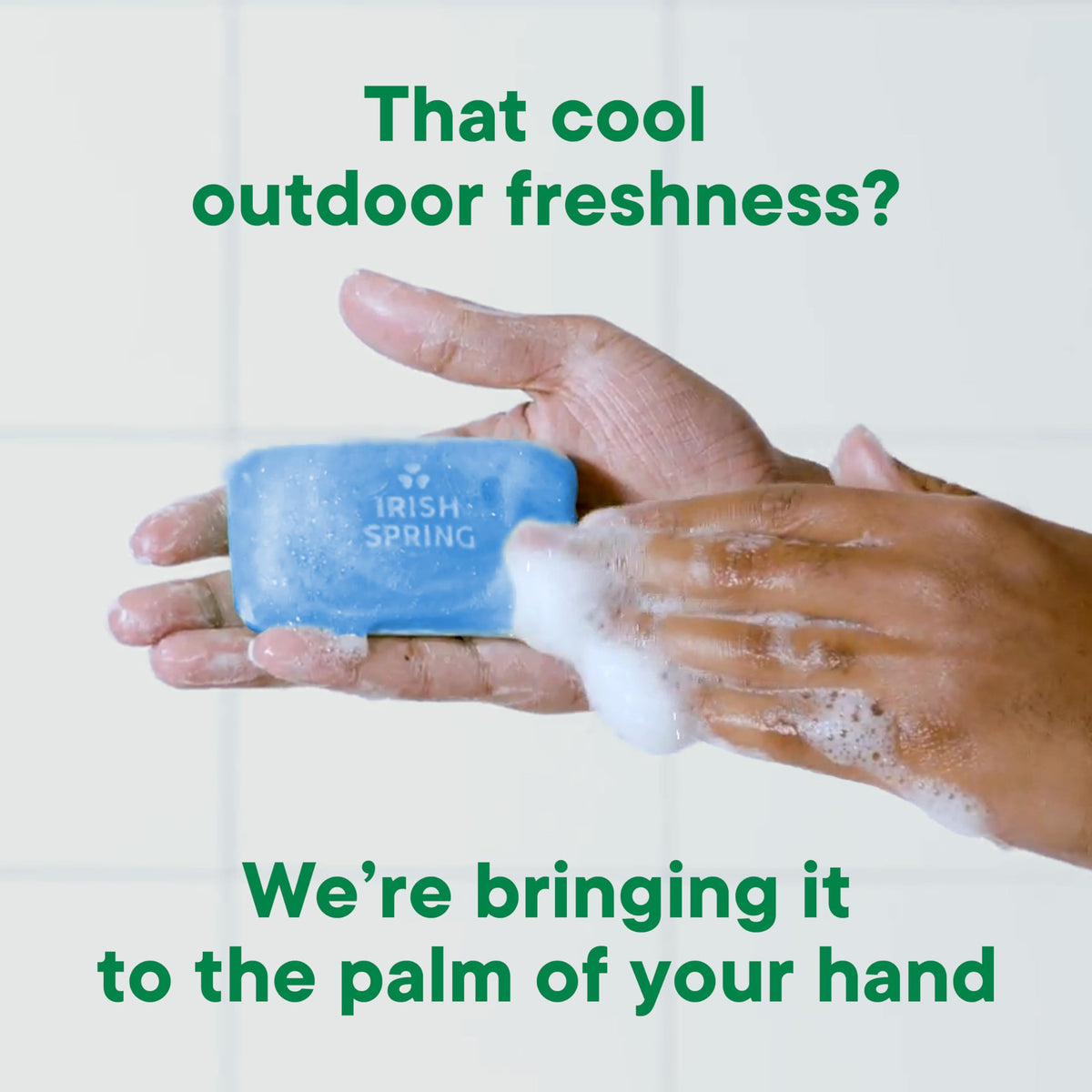 Irish Spring Icy Blast bar in hand during washing showing easy grip and invigorating feel