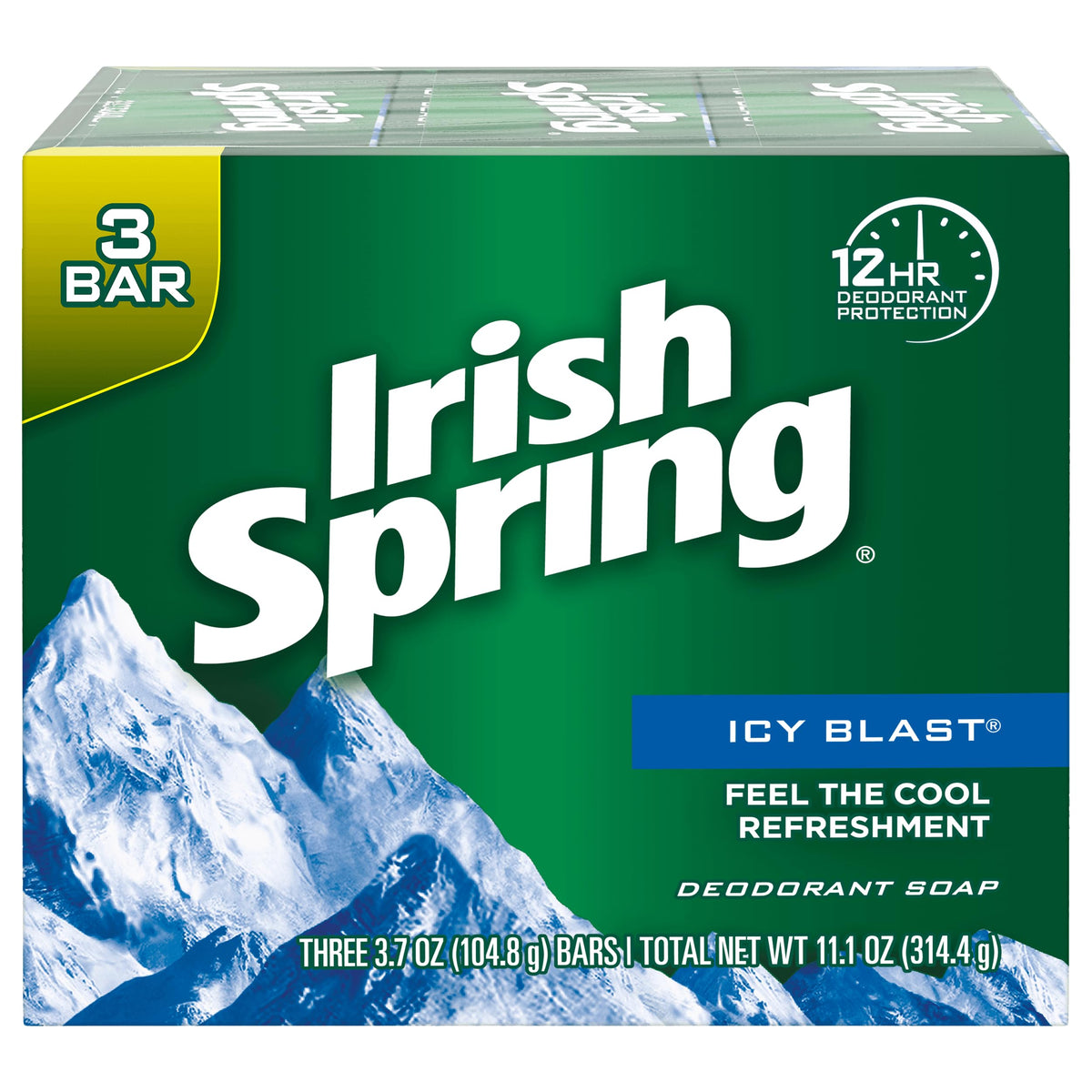 Irish Spring front packaging showing icy blast bars and refreshing benefit