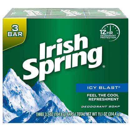 Irish Spring front packaging showing icy blast bars and refreshing benefit