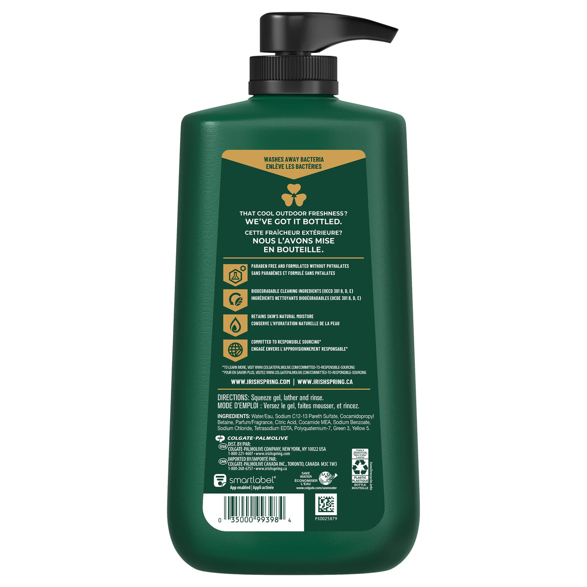 Irish Spring label ingredient list view showing paraben-free, phthalate-free formulation