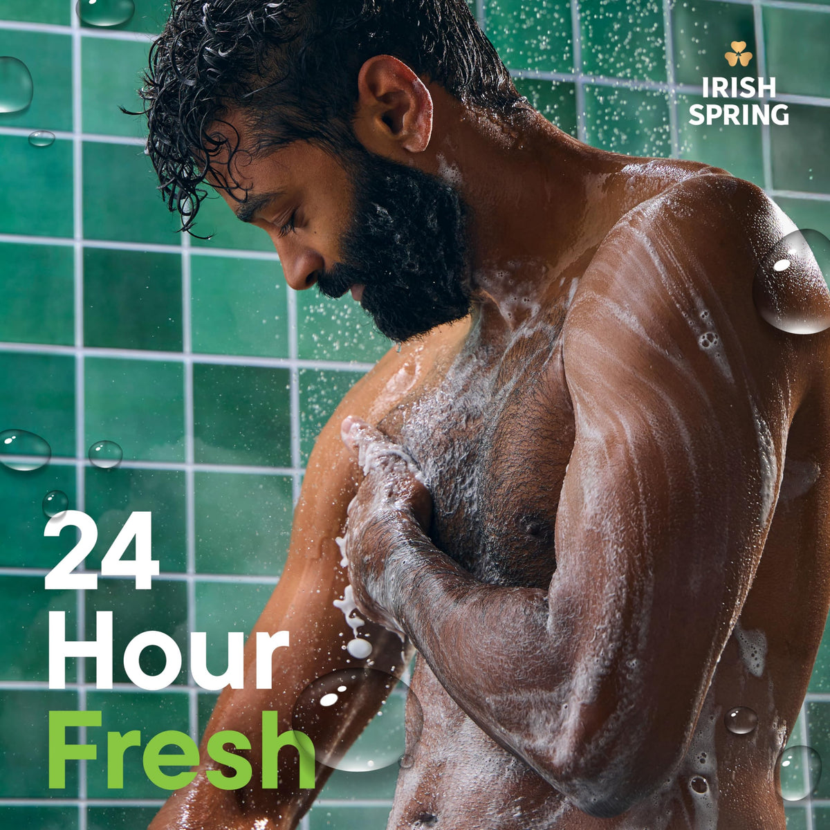 Man using Irish Spring in shower demonstrating quick all‑in‑one grooming routine