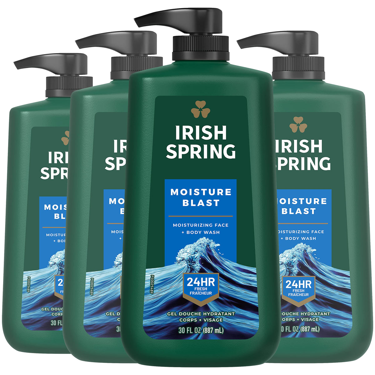 Irish Spring front packaging showing 30 oz pump and fresh scent benefit