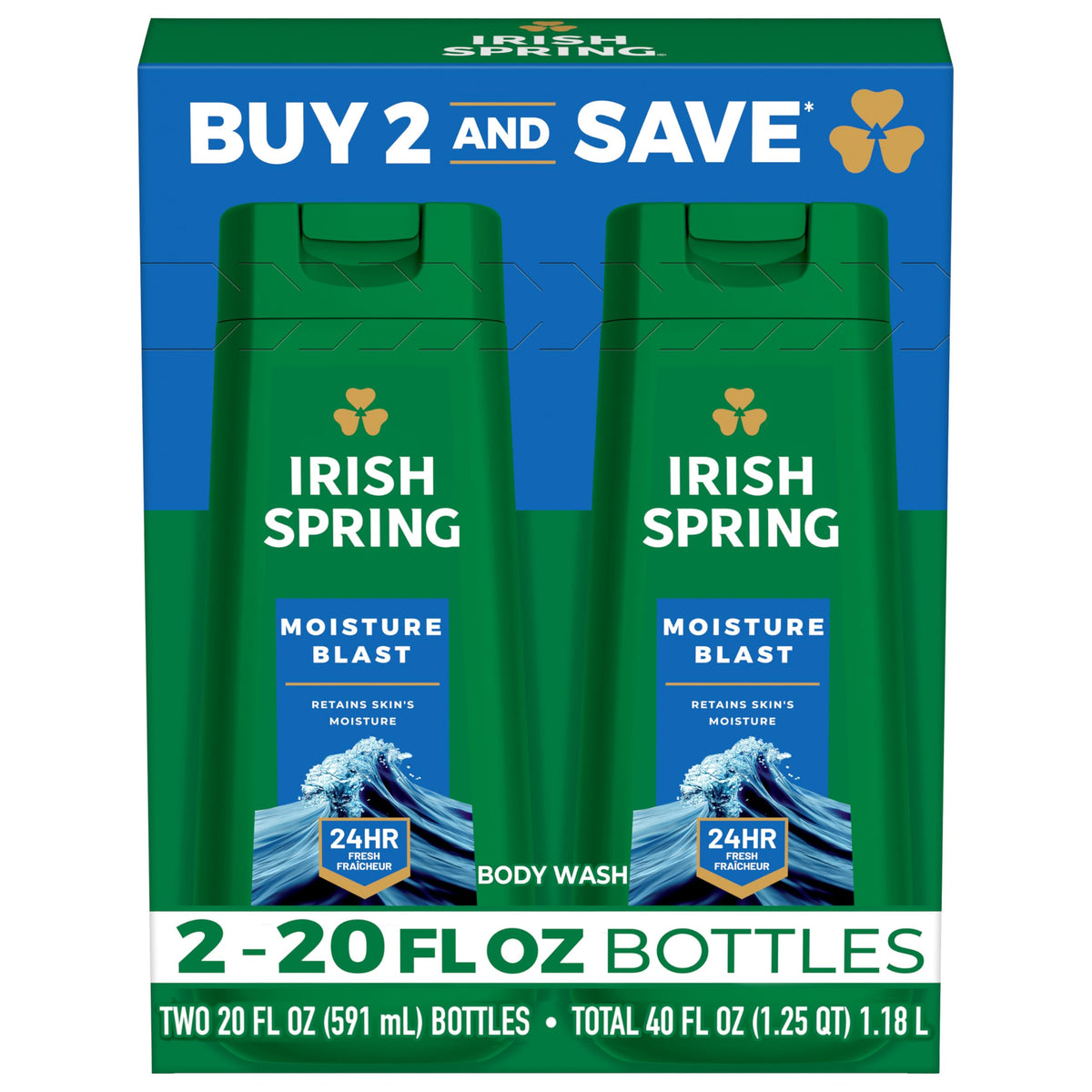 Irish Spring front packaging showing two 20 fl oz bottles and value pack benefit