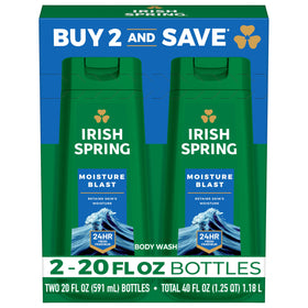 Irish Spring front packaging showing two 20 fl oz bottles and value pack benefit