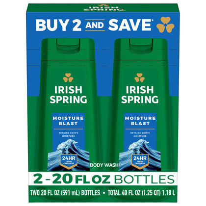 Irish Spring front packaging showing two 20 fl oz bottles and value pack benefit