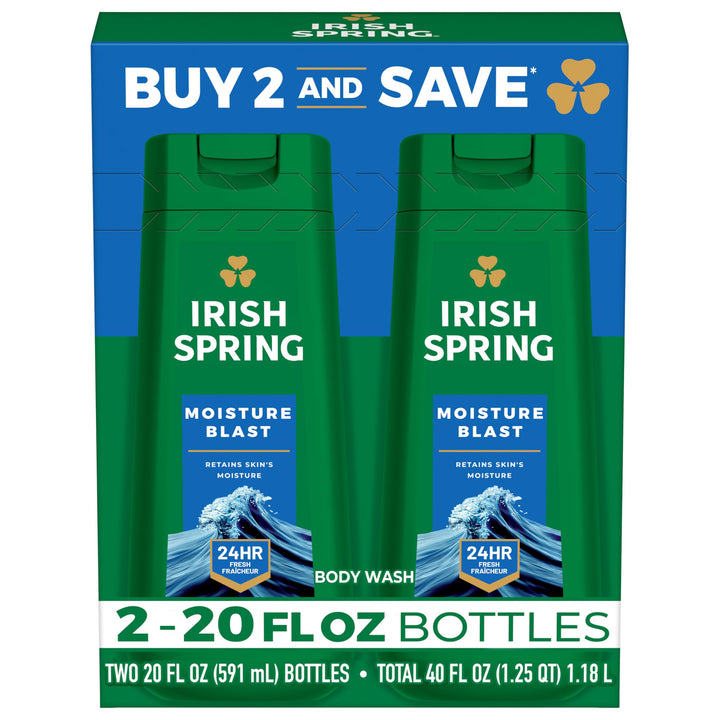 Irish Spring front packaging showing two 20 fl oz bottles and value pack benefit