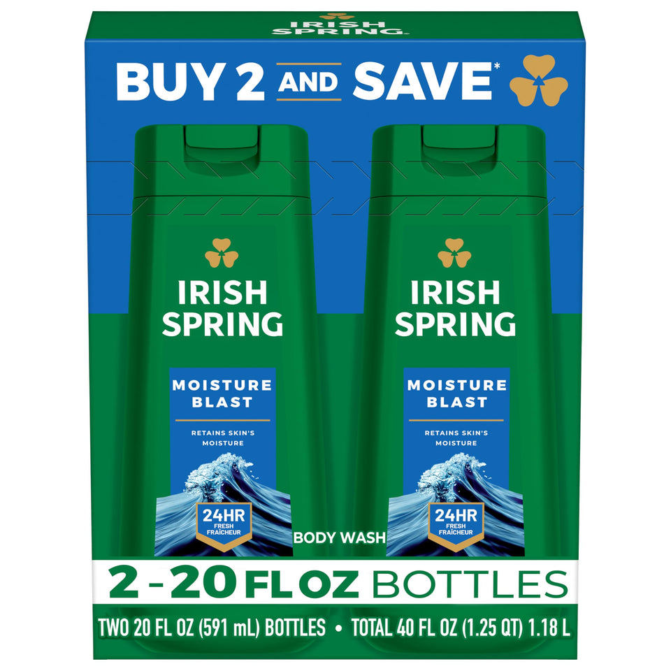 Irish Spring front packaging showing two 20 fl oz bottles and value pack benefit
