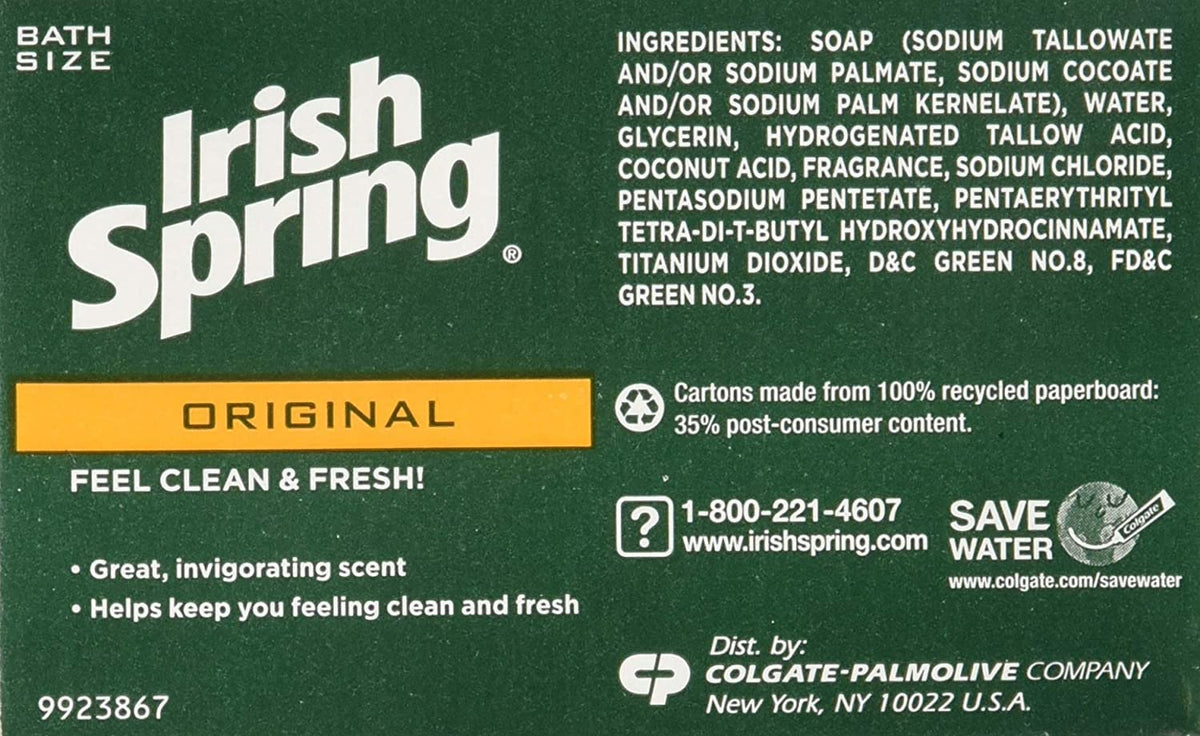 Irish Spring original 3.2 oz bar with visible stamp indicating size and reliability