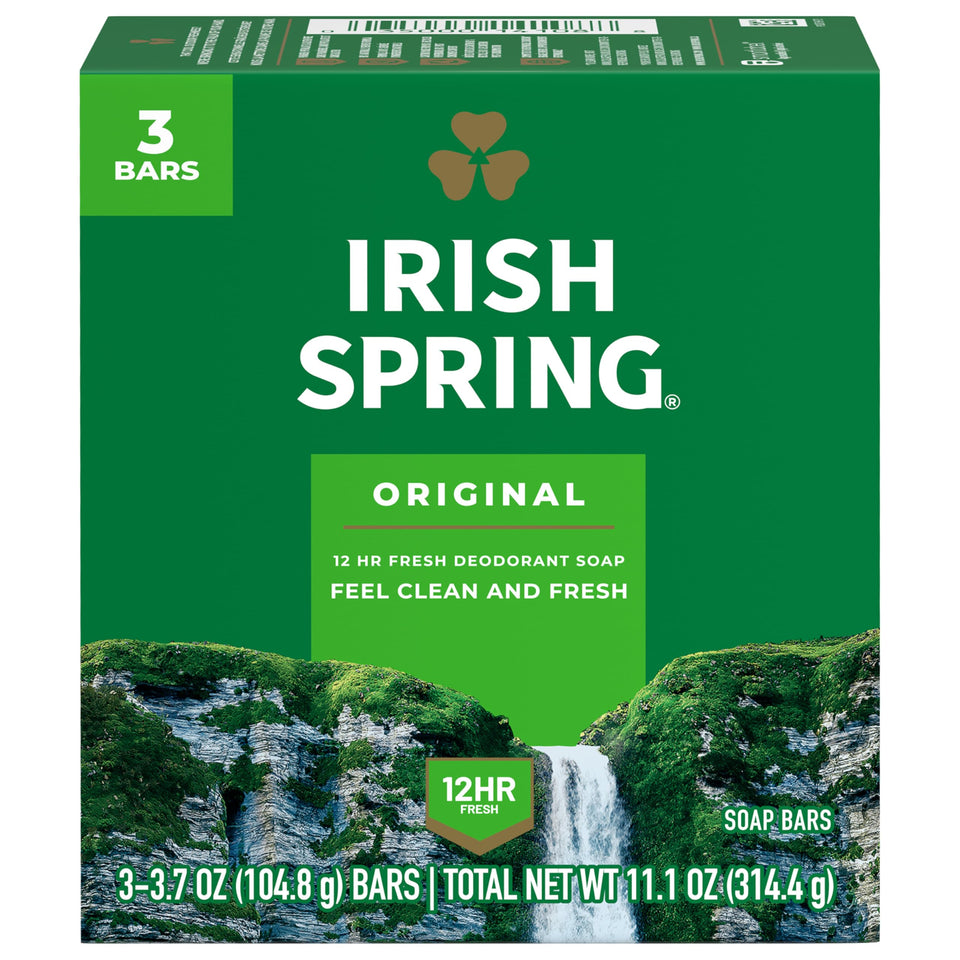 Irish Spring front packaging showing fresh scent and recyclable carton benefit