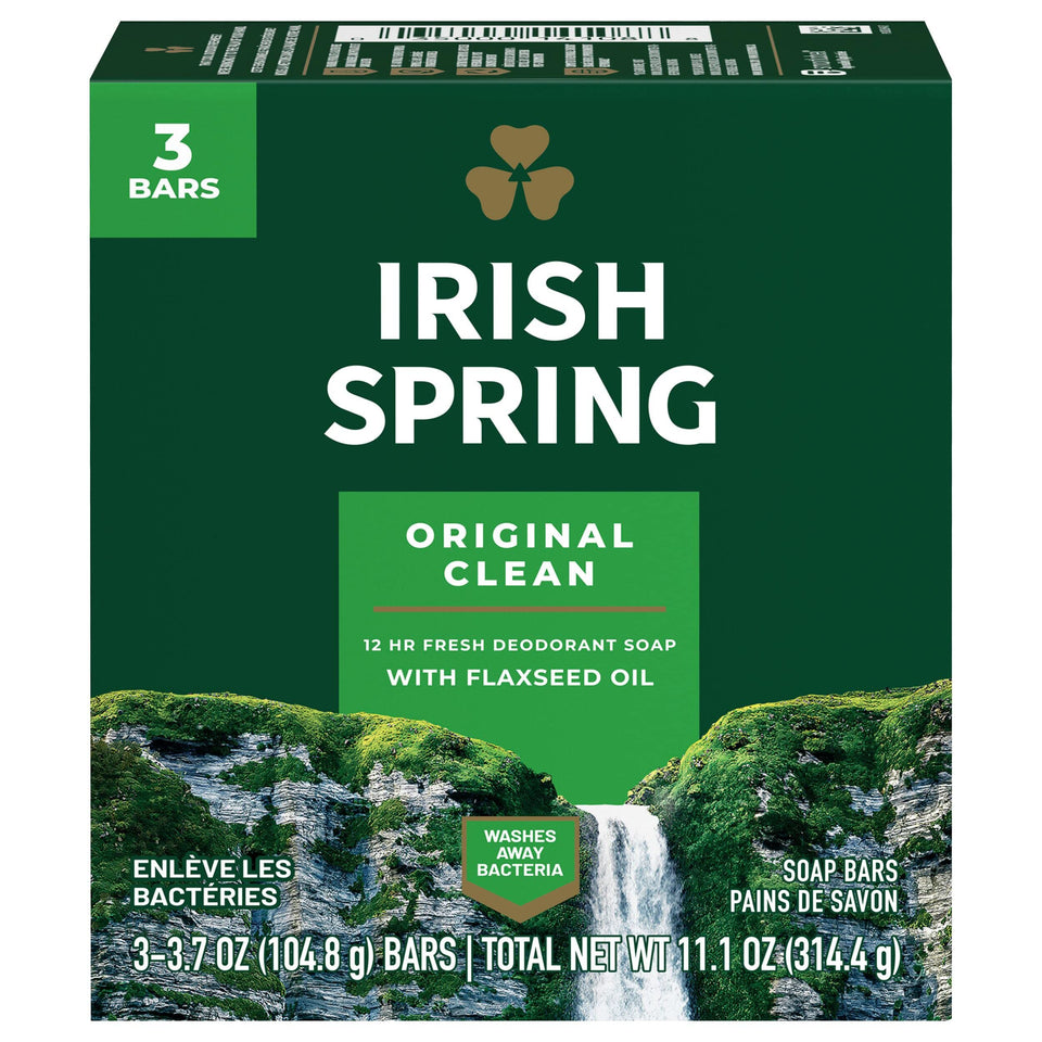 Irish Spring original front packaging showing three-count pack and brand freshness