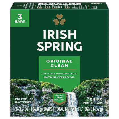 Irish Spring front packaging showing three 3.75 oz bars and bright green design