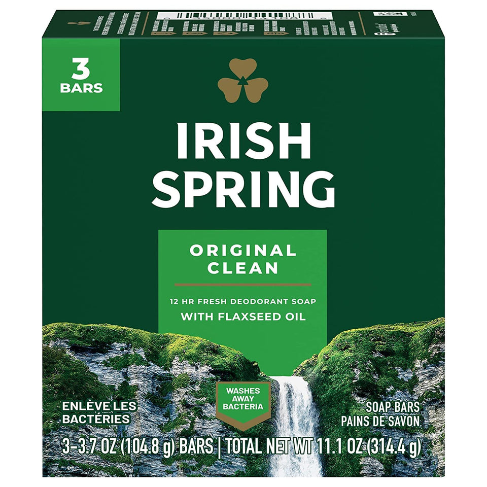 Irish Spring front packaging showing three 3.75 oz bars and bright green design