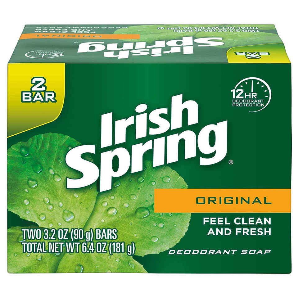 Irish Spring front packaging showing two 3.2 oz bars and fresh scent benefit