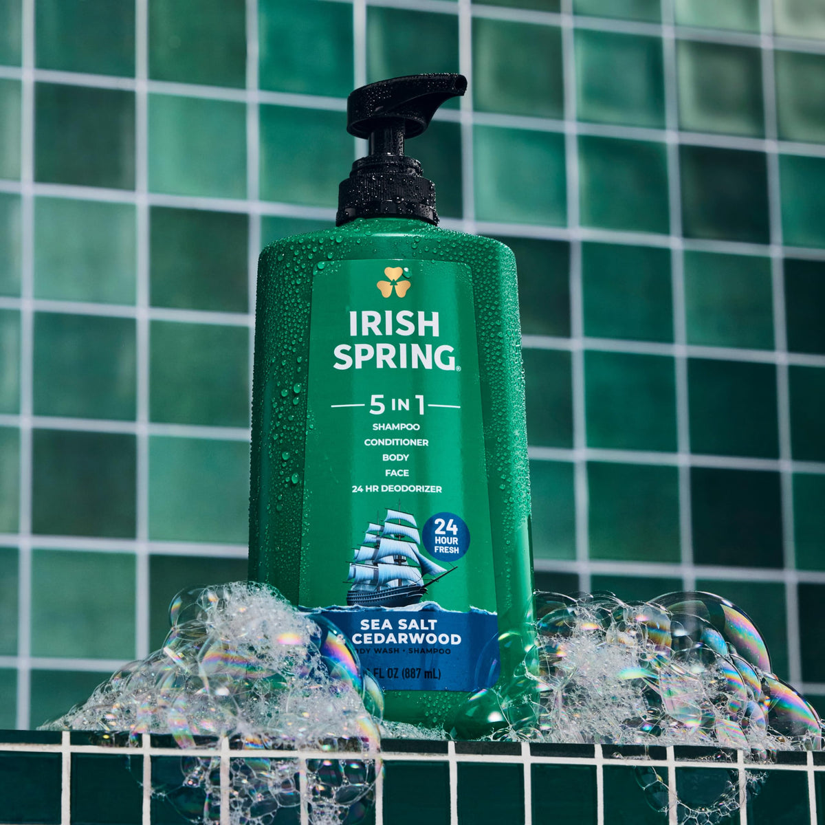 Irish Spring pouring rich lather to cleanse hair and skin for hydrated feel