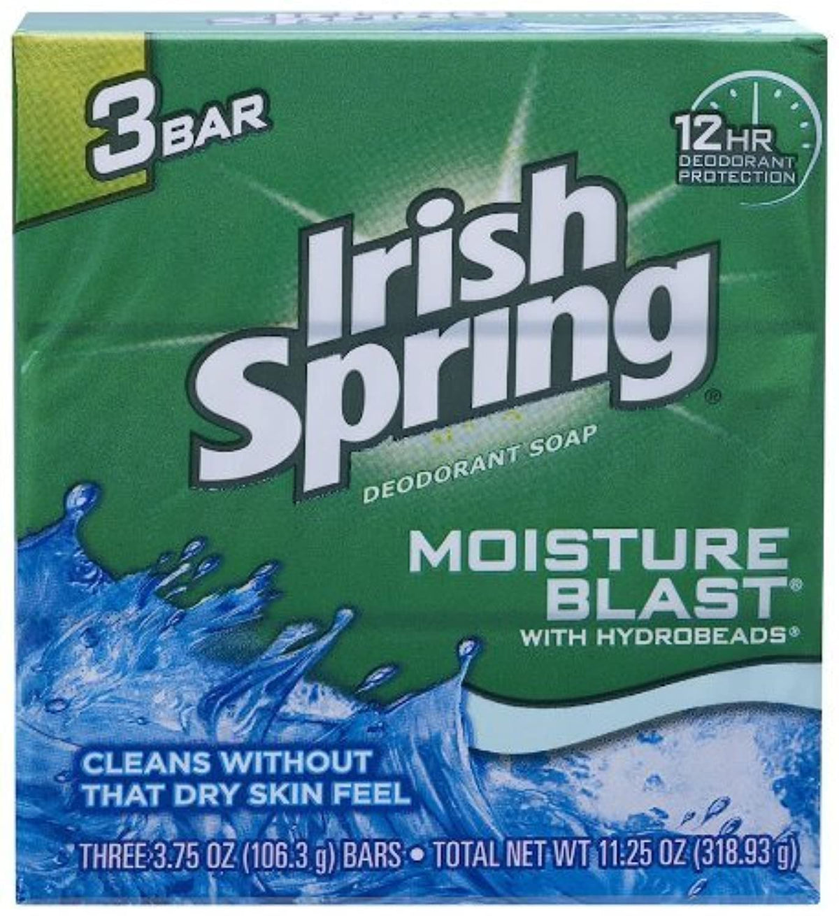 Irish Springs Moisture Blast front packaging showing three bars and freshness benefit