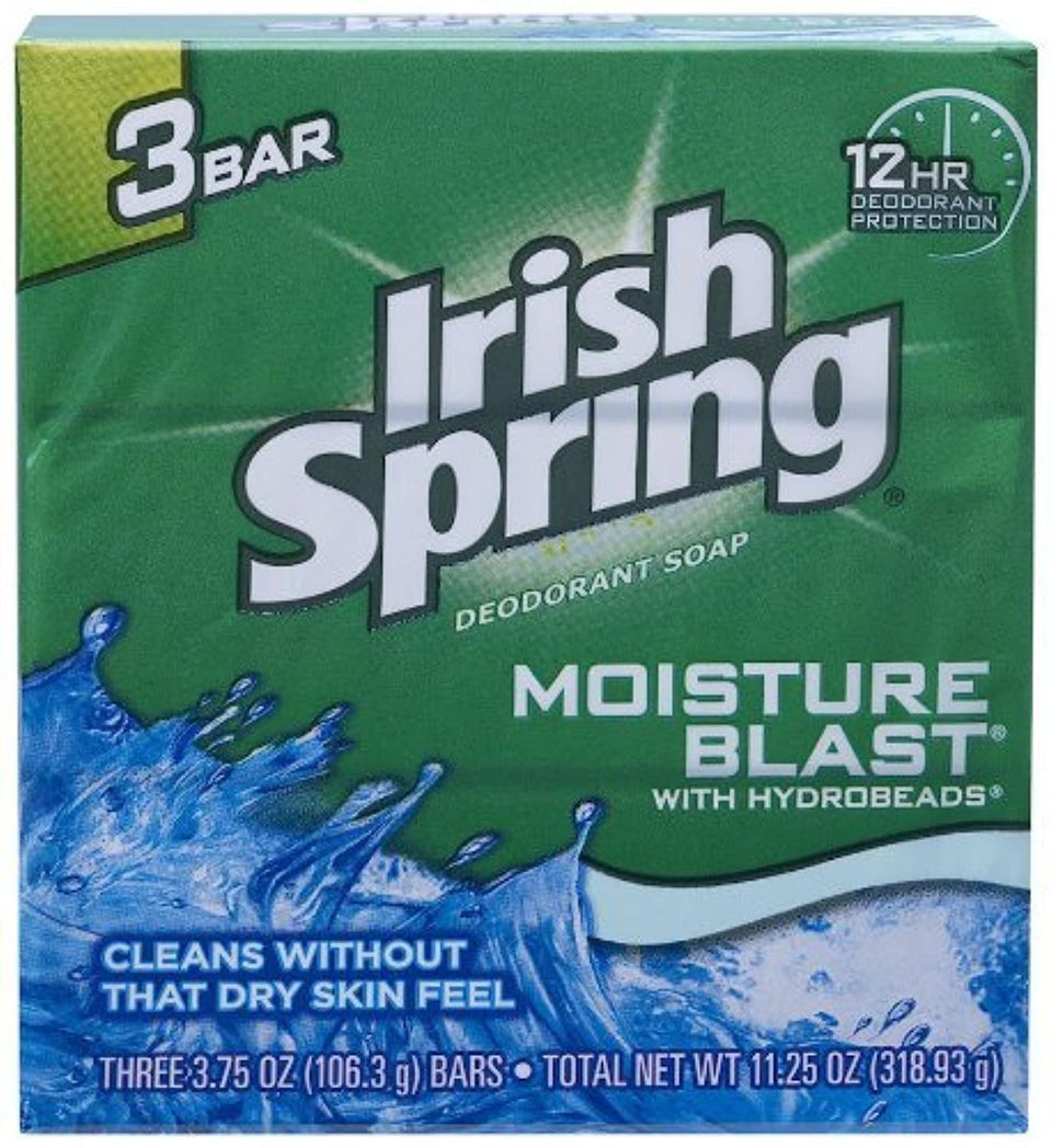 Irish Springs Moisture Blast front packaging showing three bars and freshness benefit