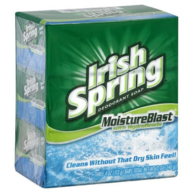Irish Springs bar beside a coin showing scale and long-lasting use benefit
