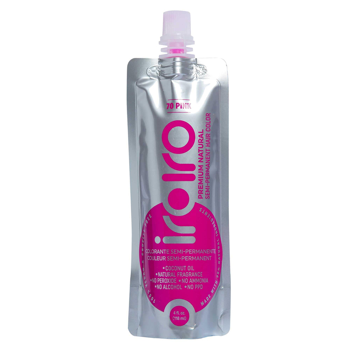 iroiro front eco-pouch showing 70 pink bright color and sustainable packaging benefit