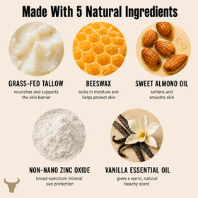 Iron Bull Tallow ingredients laid out showing tallow, beeswax, and almond oil benefits