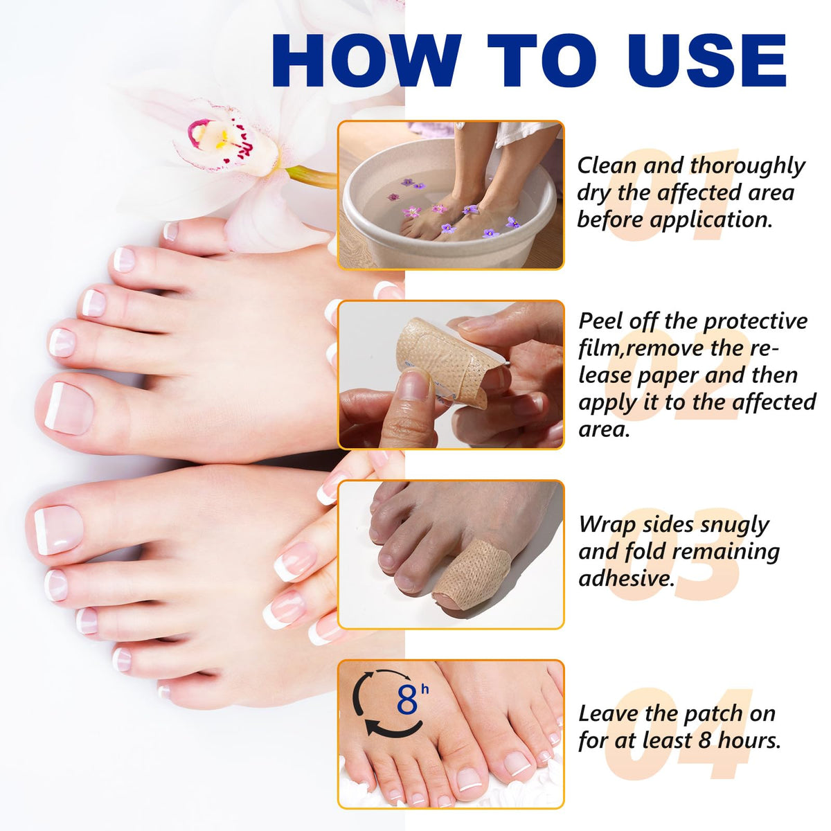 IRSRDOQU application step showing patch being placed on clean toenail for hydration