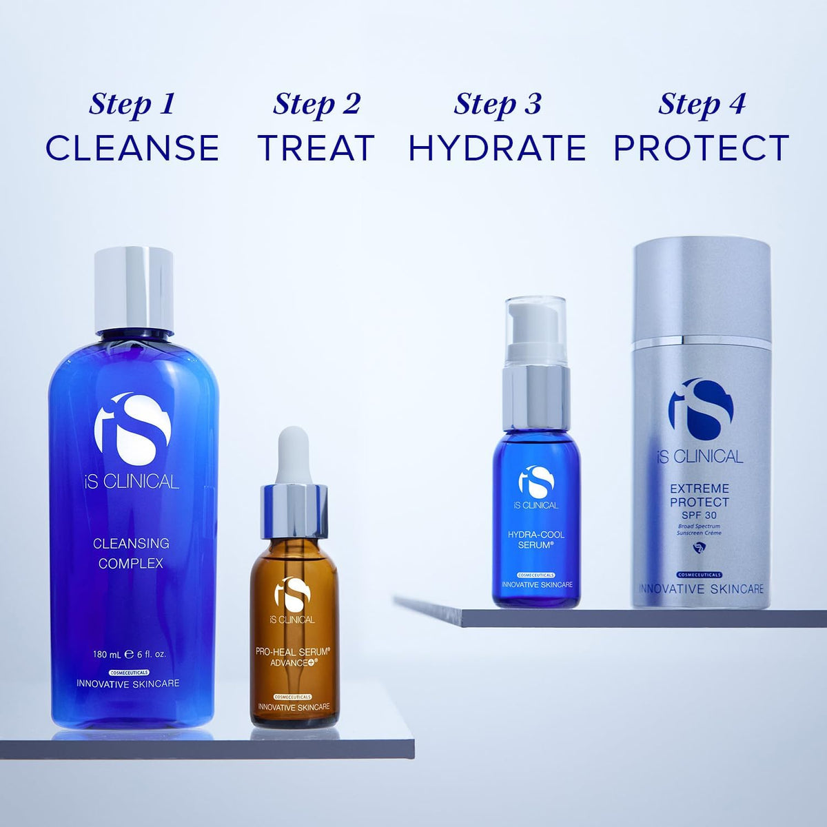 botanical ingredients next to iS CLINICAL bottle illustrating soothing, antioxidant benefits