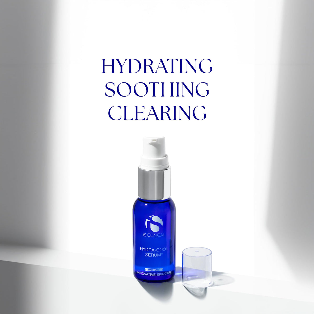 iS CLINICAL gel-serum droplet on fingertip showing lightweight, fast-absorbing texture
