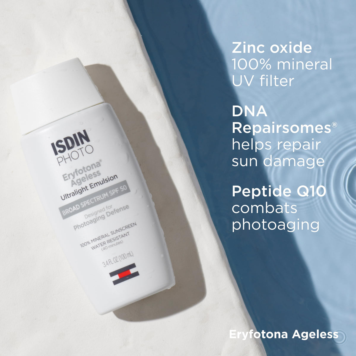 ISDIN product next to everyday items showing 3.4 fl oz scale