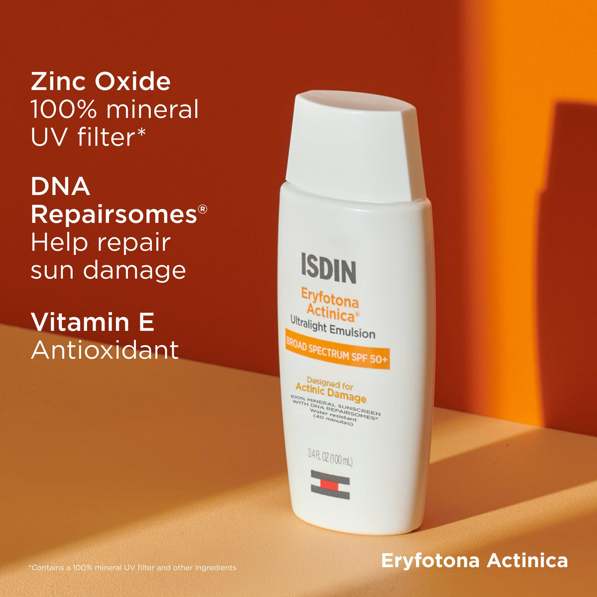ISDIN bottle on bathroom shelf signaling daily skincare routine