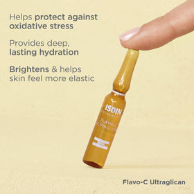 ISDIN Flavo-C branded box label highlighting active ingredients and origin
