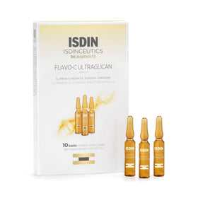 ISDIN Flavo-C front ampoule showing compact brightening serum and benefits