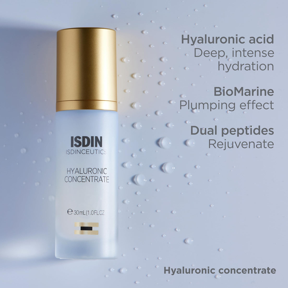 ISDIN ingredients label close-up showing hyaluronic acids and peptides for firming benefit