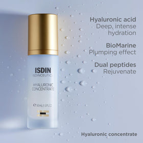 ISDIN ingredients label close-up showing hyaluronic acids and peptides for firming benefit